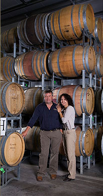 Konrad and Sigrun Hengstler of Konrad Wines in the barrel hall where Konrad Wines are lovingly made in Marlborough, New Zealand.